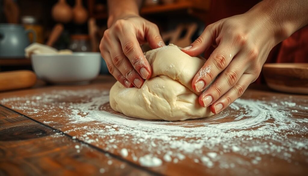 Imagem da massa de pão sendo amassada